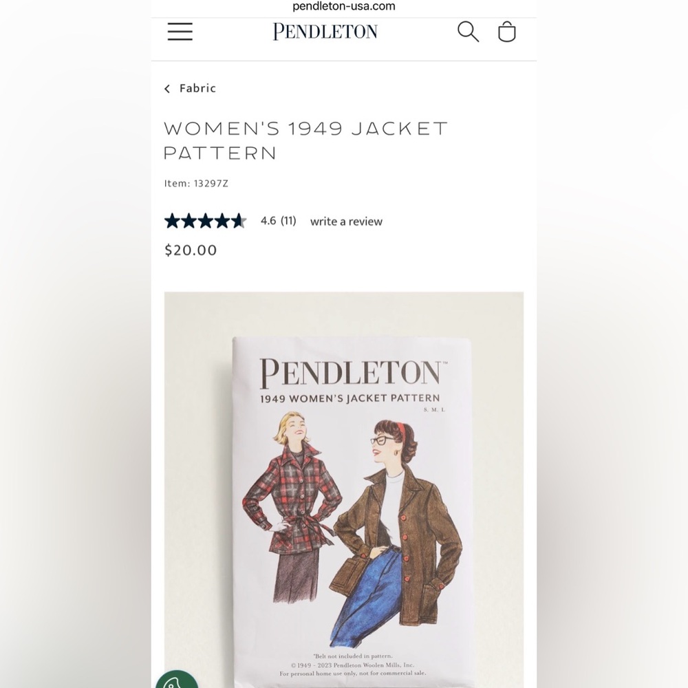 Pendleton Women’s 1949 Jacket Pattern